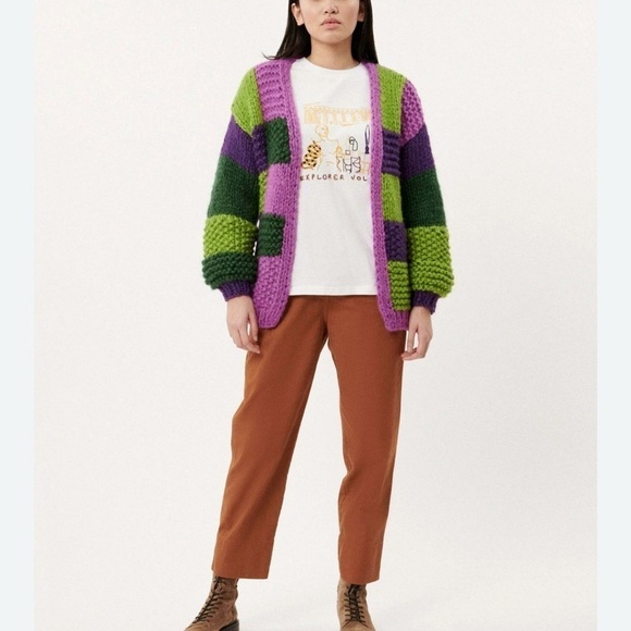 RARE Anthropologie FRNCH MAELIA - purple green knit Chunky Paris Cardigan S/M - Picture 3 of 14